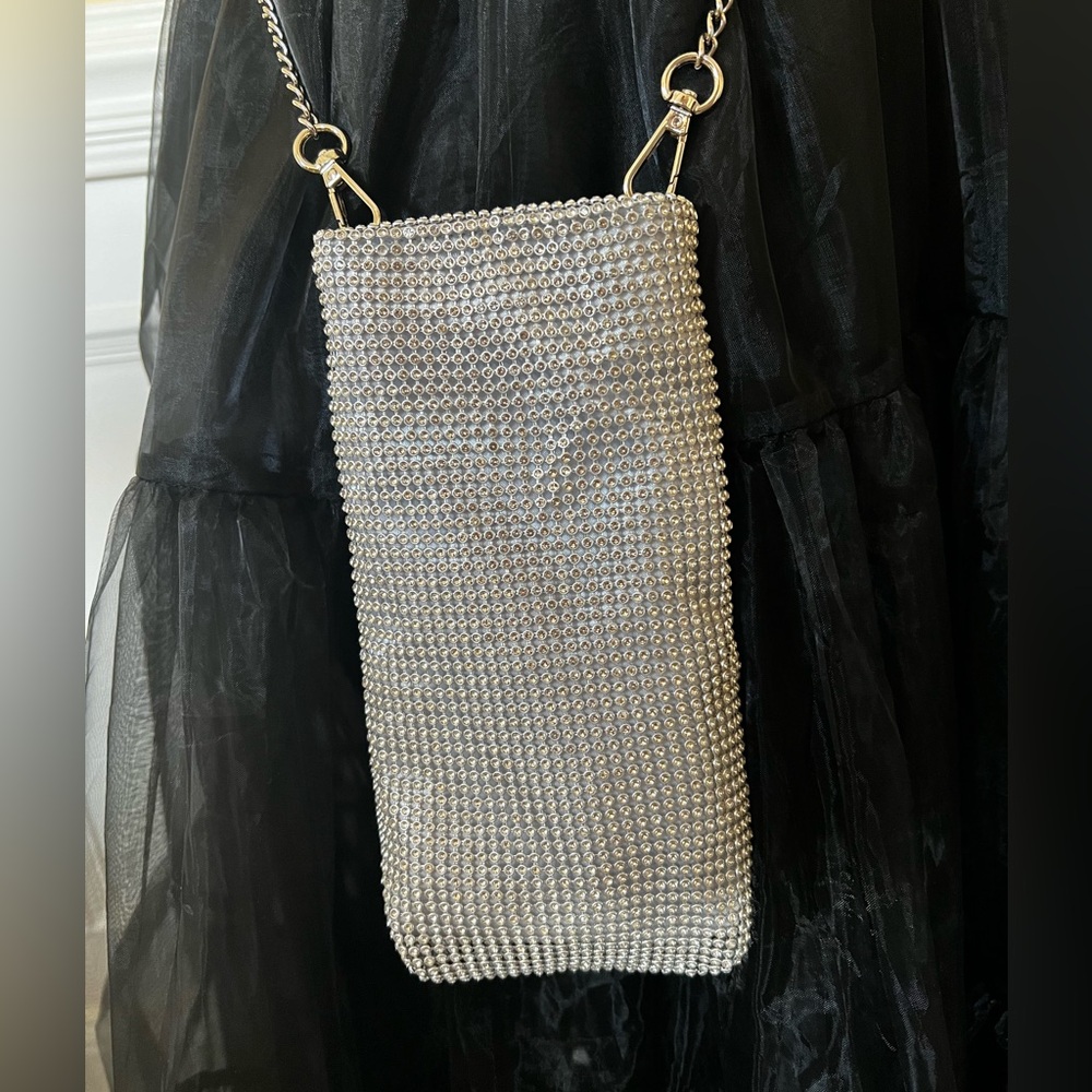 Mesh Silver Rhinestones Crossbody Cellphone Bag.